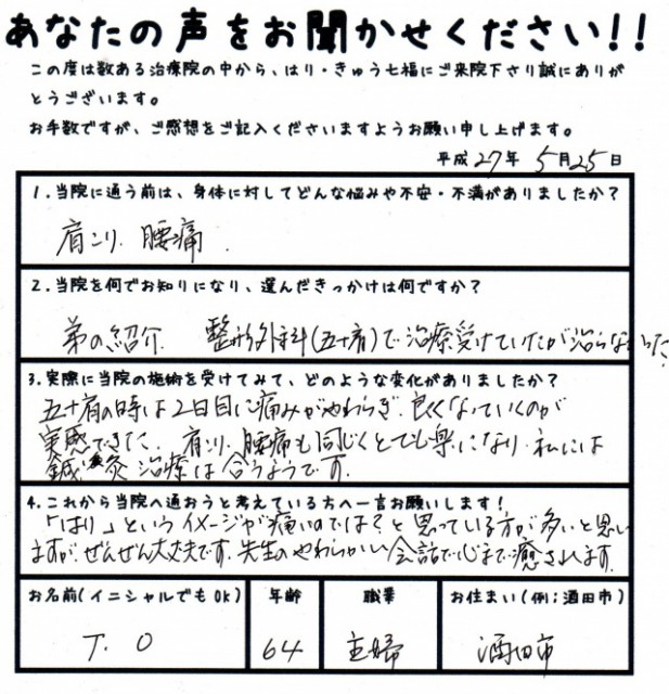 五十肩の時は2日目に痛みがやわらぎ、良くなっていくのが実感できた。